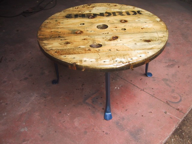 Spool Table with blue legs